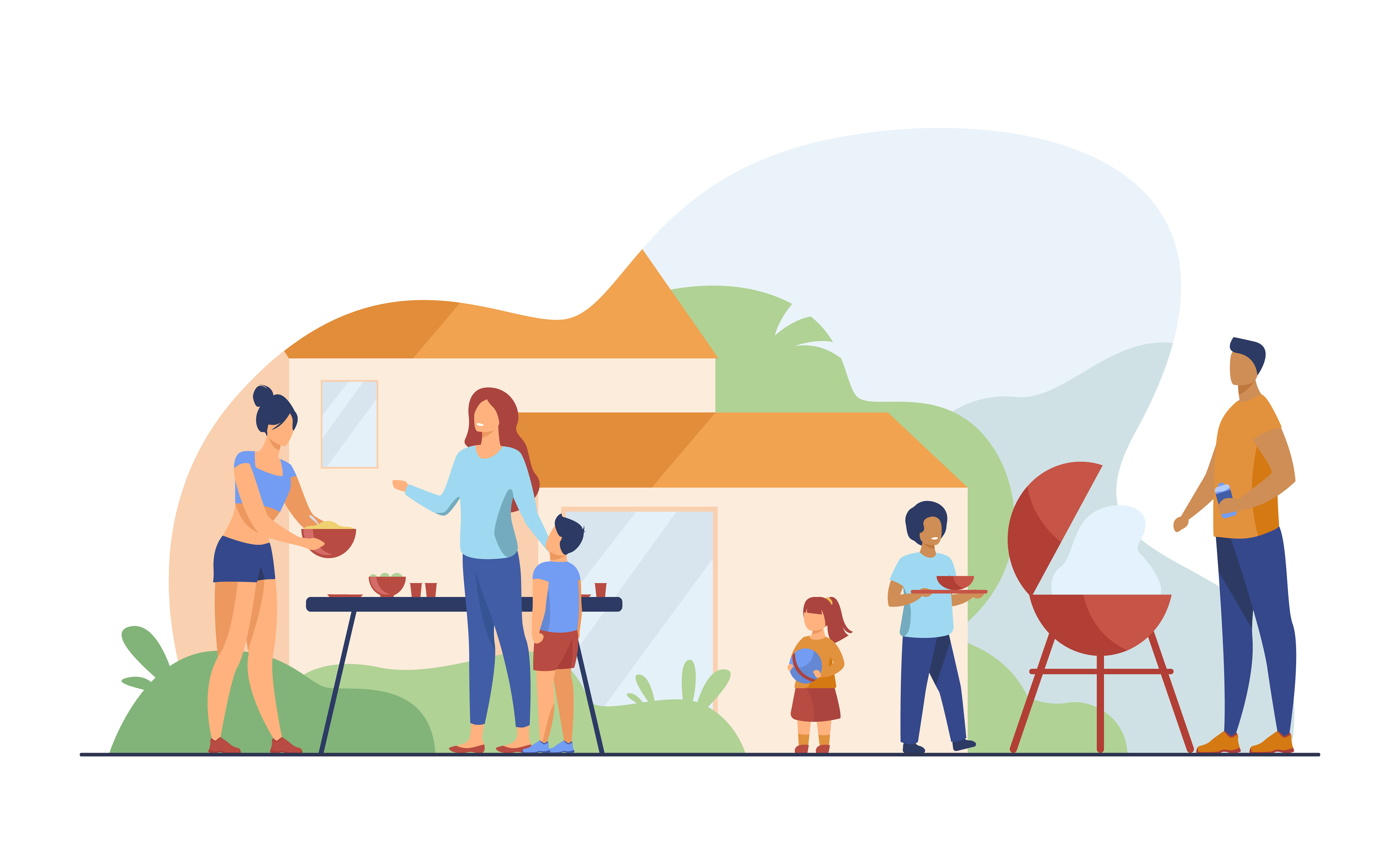 Family on BBQ party on backyard flat vector illustration
